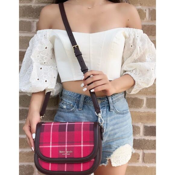 KATE SPADE PLAID SADDLE BAG "BLAKE" CROSSBODY PURSE BRIGHT ROSE RED & BLACK NEW! - Picture 4 of 8